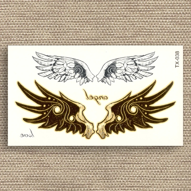 Крылья ангела Любовь поддельные татуировки металлик золото серебро водонепроницаемый временные наклейки слова переводная вода сексуальный блеск боди-арт