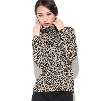 

Leopard print turtleneck long-sleeve mulberry silk basic shirt hs-3859b