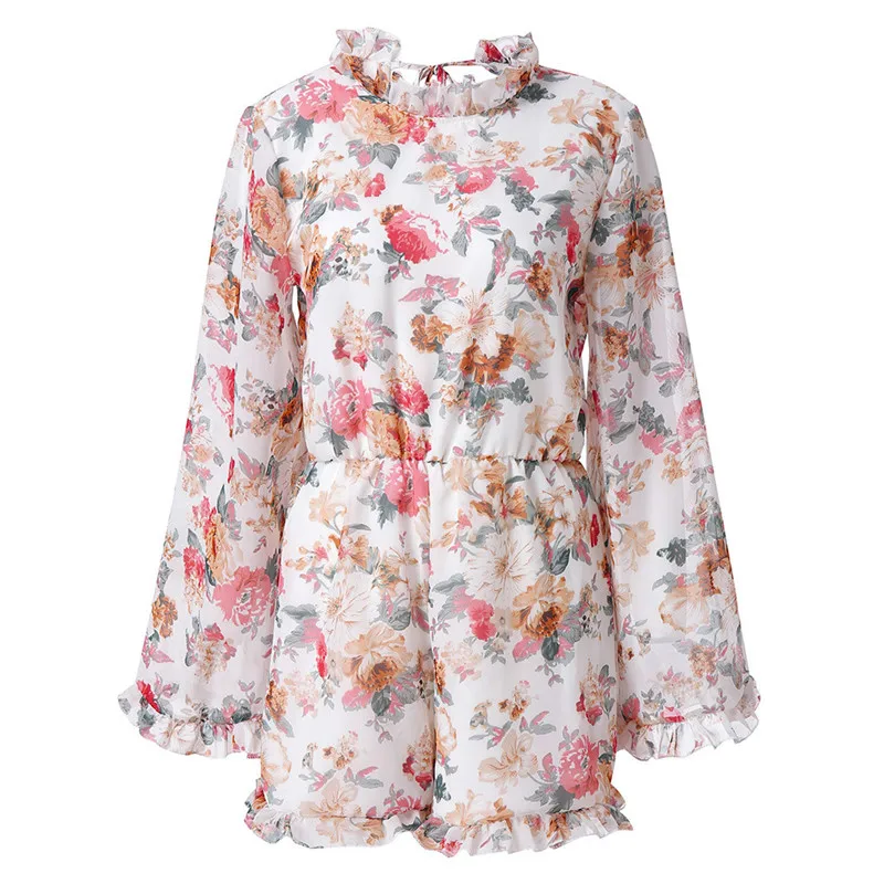 

Long Sleeve Chiffon Printed Women Jumpsuit with flower Spring Summer Beach Holiday Casual Multicolor Jumpsuit for elegent Ladies
