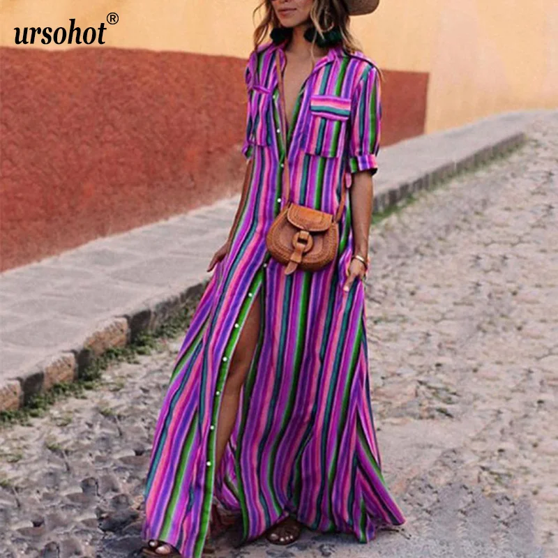 

Ursohot Summer Rainbow Striped Dress Women Buttons Long Shirt Maxi Dress 2018 Bohemia Half Sleeve Beach Party Robe Plus Size 3XL