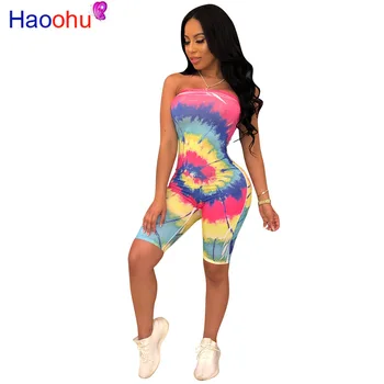 

HAOOHU Tie Dye Sexy Skinny Overalls For Women Off Shoulder Backless Party Jumpsuits Summer Strapless Sleeveless Beach Playsuits