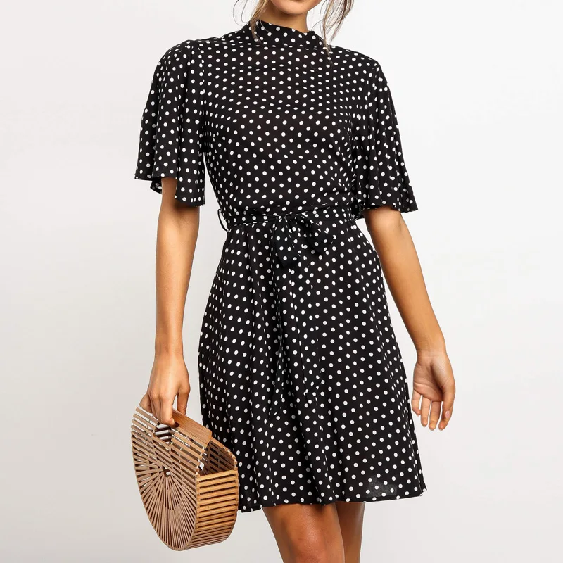 

Elegant Mini Dress 2019 Summer Dresses Women Turtleneck Dot Print Short Sleeve Ruffle A-Line Dress Mini Vintage Vestido Sundress
