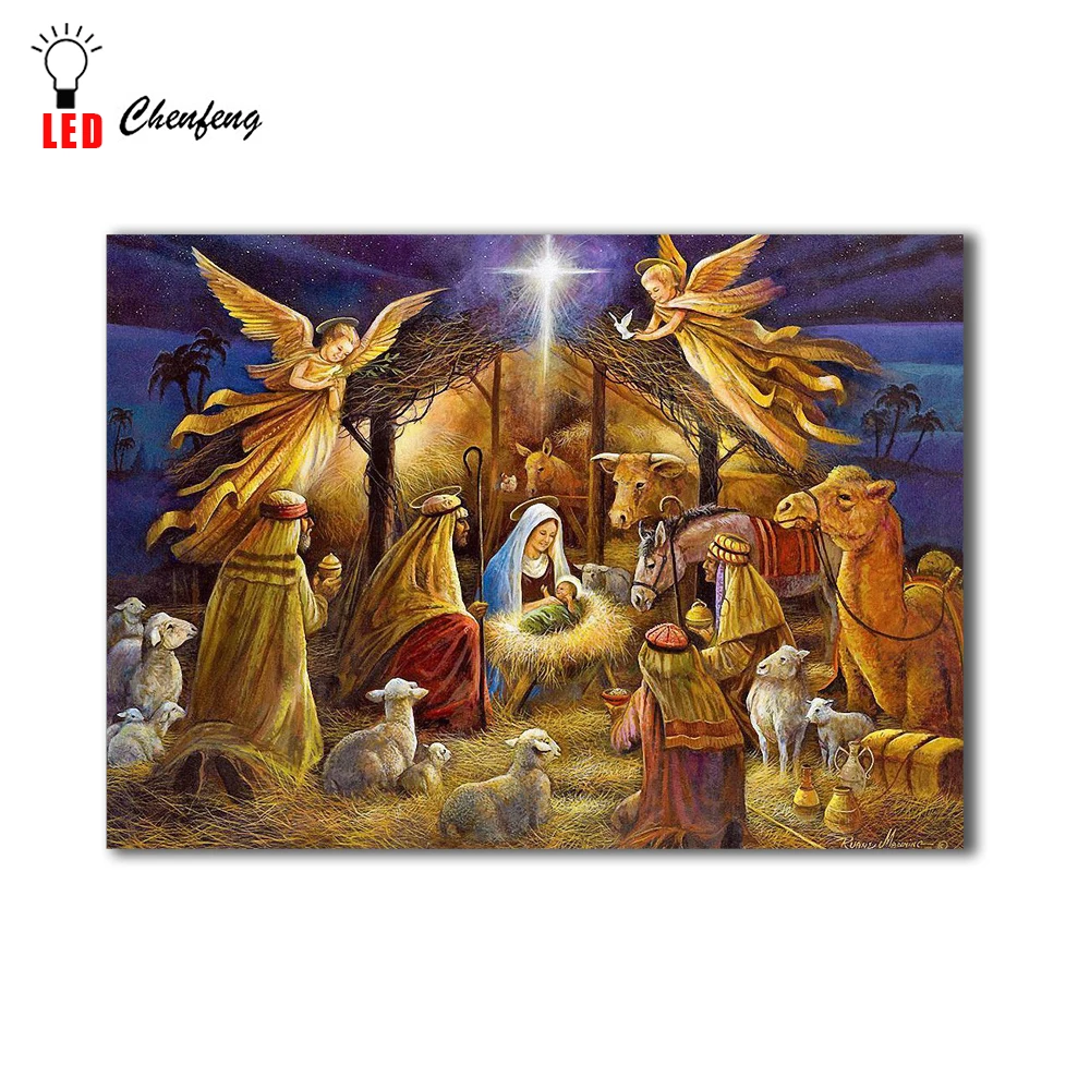 Skup Led druk na płótnie ściany dekoracyjne jezus narodziny noc obraz olejny na płótnie światło up plakat i druku wystrój gorąca sprzedaż tanie