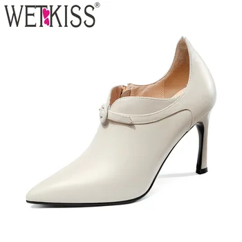 

WETKISS High Heels Cow Leather Pumps Women 2019 New Zip Pointed Toe Footwear Fashion Office Lady Cover Instep Female Shoes