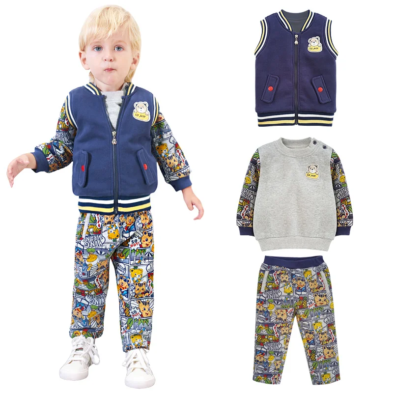 

Toddler Hot Sale Real Full Little Boys Fashion Cute Cotton Cartoon Warm 3 Pieces Clothing Sets Sports Suit Tees + Pants Vest