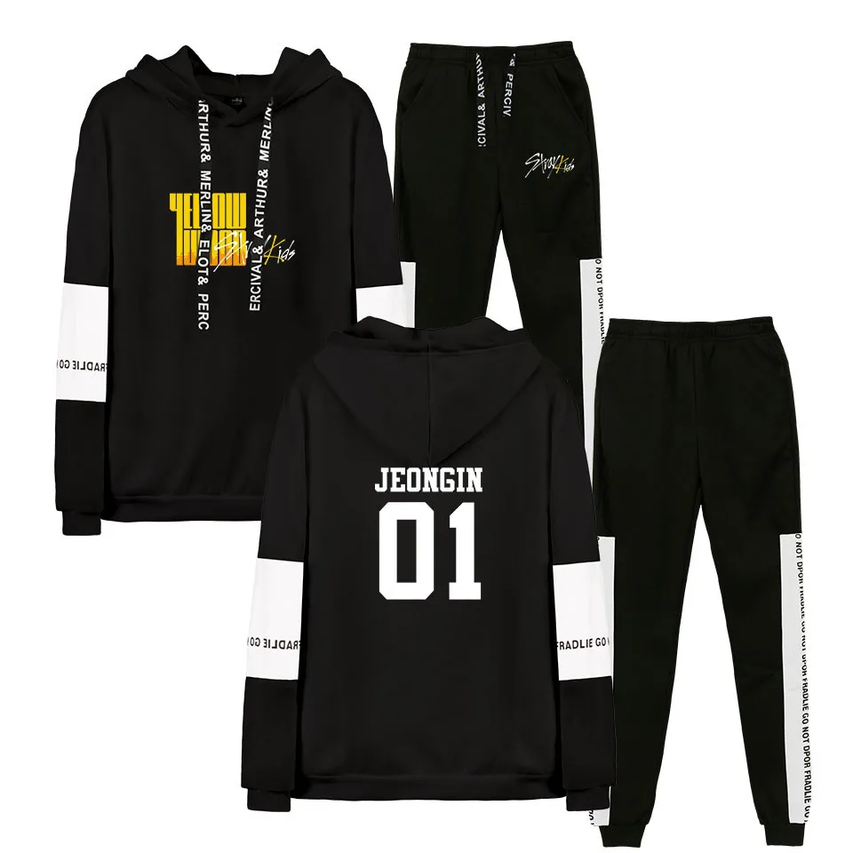

2D Stray Kids Yellow Wood Women and men Spring Clothes Sweatshirt suit 2019 streetwear Hot Sale trendy hoodies+pants Print suit