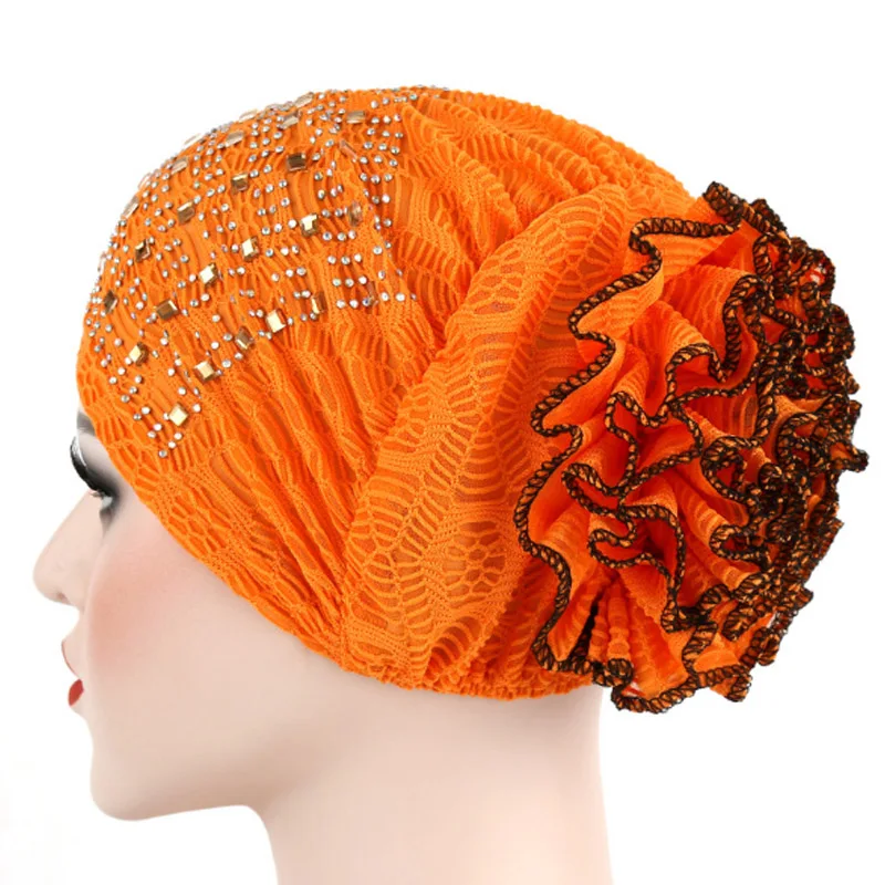 Женская мусульманская шапка-тюрбан с цветком для выпадения волос, упругая модная кепка из хлопка, одноцветная шапка - Цвет: Orange