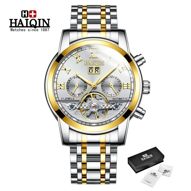 Автоматические механические мужские часы Топ бренд HAIQIN Роскошные мужские часы бизнес турбийон военные мужские наручные часы Reloj Hombres - Цвет: S-gold white
