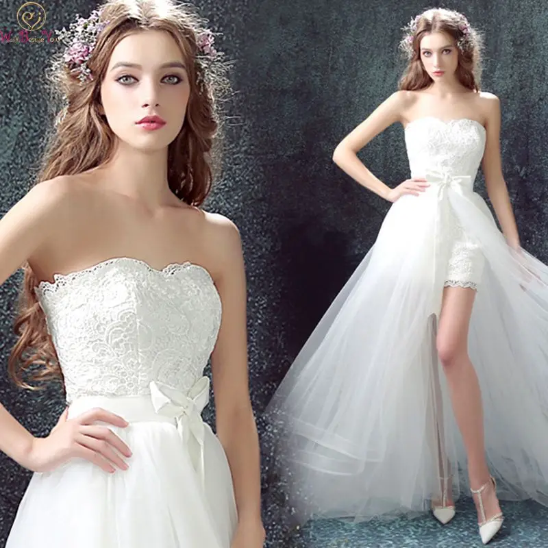 

Special Sweetheart Lace Bridal Gowns Elegant Detachable Train Short Mermaid Simple Formal Princess Sleeveless Wedding Dresses