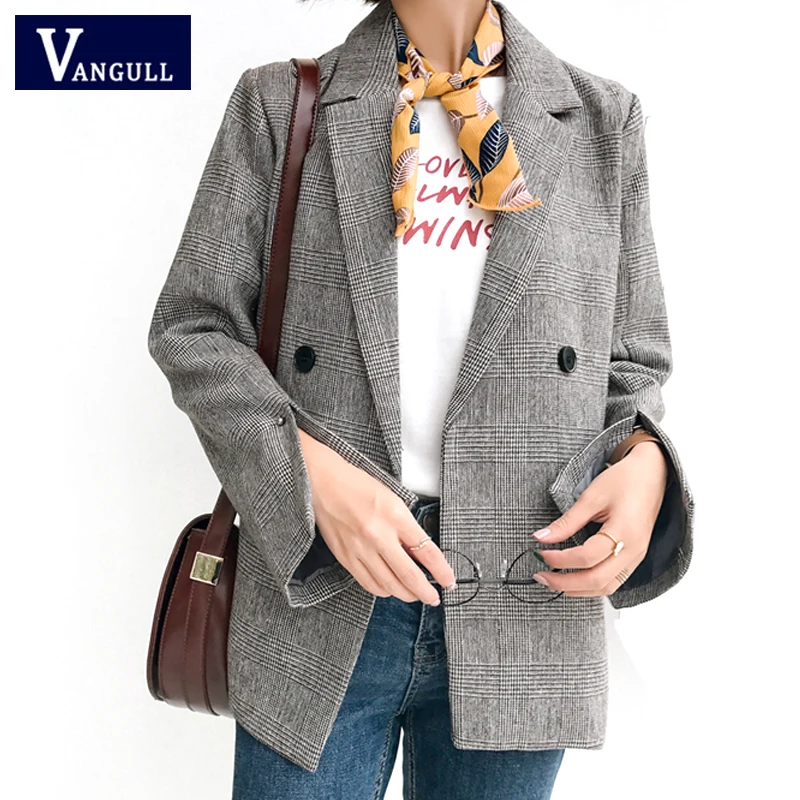 

Summer Fashion Vintage Women's Clothing Elegant Double Breasted Blazers Pocket Plaid Women Jacket work Office business Outwears