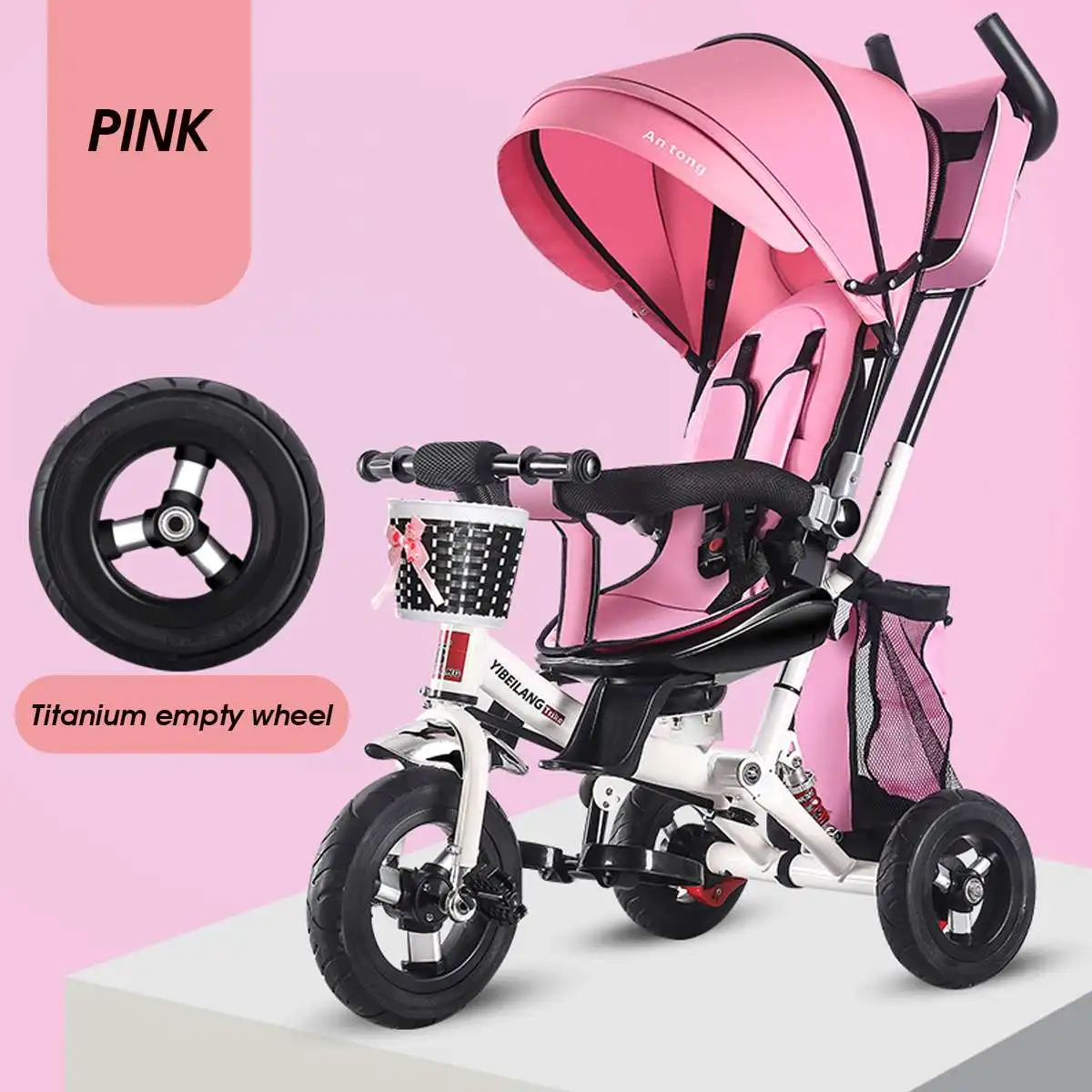 4 в 1 детская коляска на колесиках детская трицикл велосипед с теневой крышкой - Цвет: Розовый