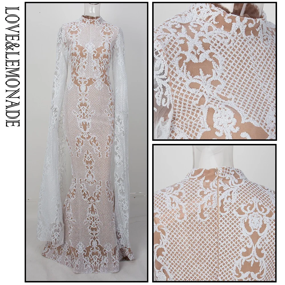 Love& Lemonade белое длинное платье с геометрическим воротником и расклешенным длинным рукавом из блестящего материала LM1039