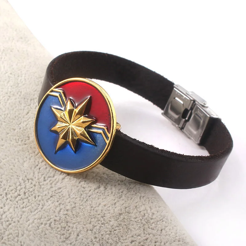 

Marvel Captain Bracelets Avengers Carol Danvers Logo Pendant Bangle With Leather Chain For Movie Fans Jewelry Gift