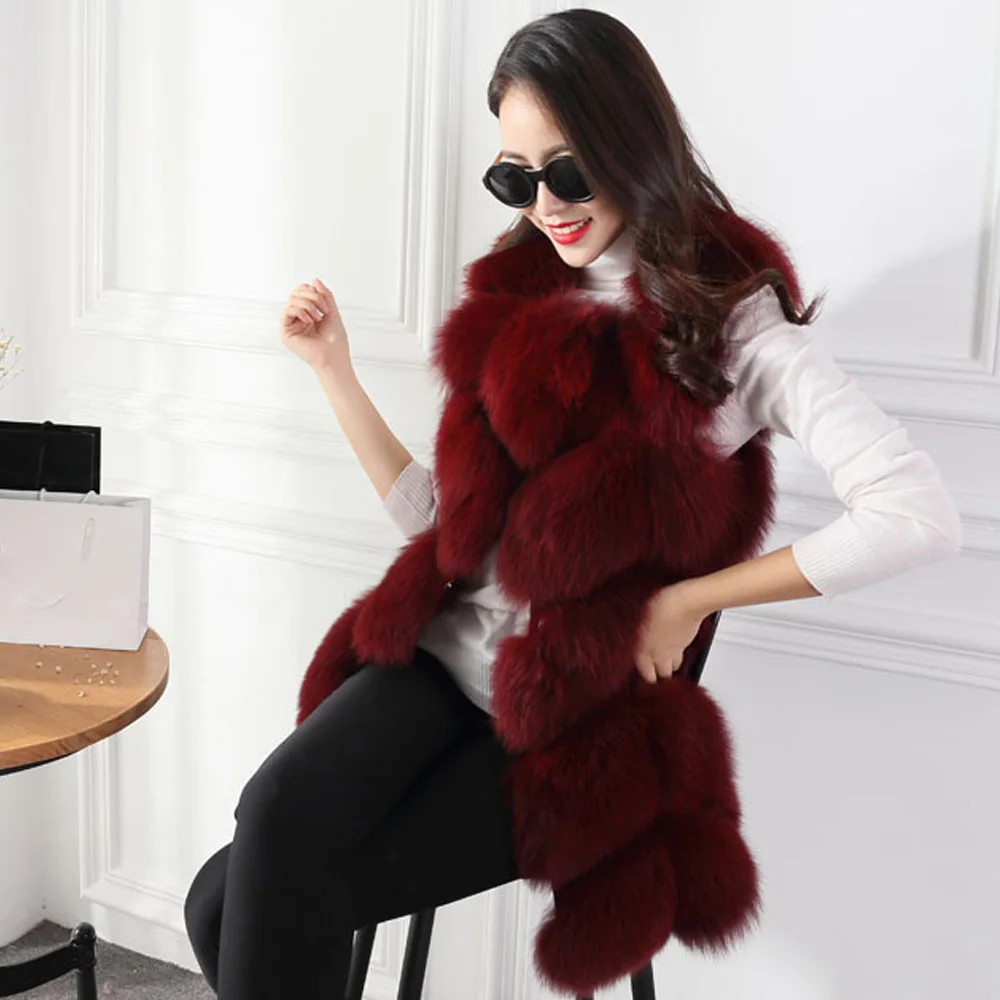 

Nice Red Autumn Winter Warm Women Fur Vests Pure Color Round Neck Sleeveless Lady Outerwear Casual Long Style Women Jacket