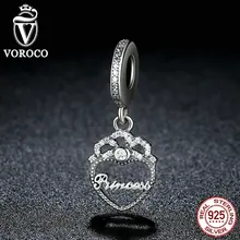 VOROCO Auténtica Plata de Ley 925 de La Princesa de La Corona Del Corazón, Clear CZ Colgante de Los Encantos fit Pandora Pulsera Joyería de Moda C015