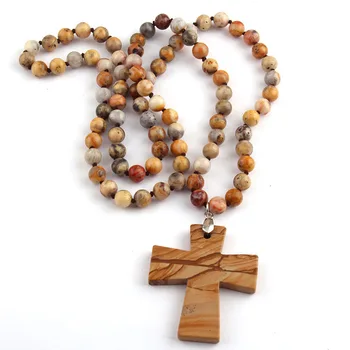 

Free Shipping Fashion Semi Precious Stones Beads Statement Necklaces long Knotted Beads Cross Necklace