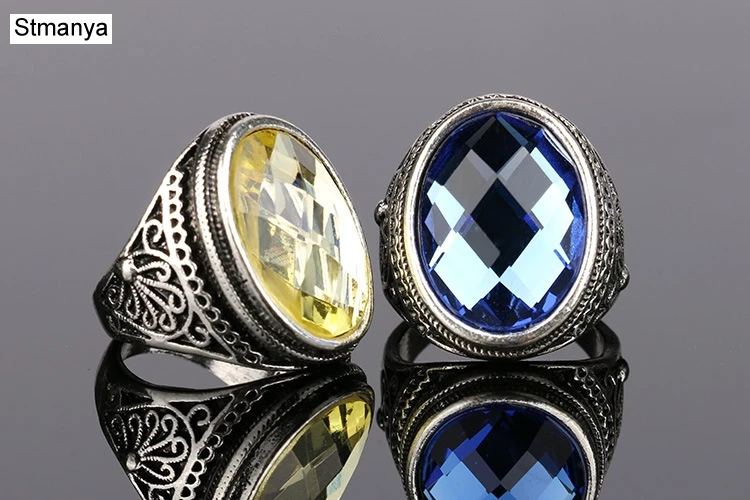 Роскошное синее кольцо со стеклянным камнем для женщин, ослепительные аксессуары, посеребренные винтажные овальные кольца для мужчин, большие кольца 31015
