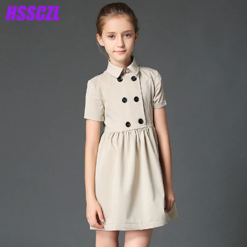 

HSSCZL girls dress 2017 new spring summer girl children's clothing dress short-sleeved double-breasted solid button cotton5-14A