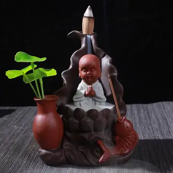 

Little Monk Backflow Incense Burner Retro Lotus Base Incense Burner Ceramic Smoke Waterfall Gold Fish Incense Cone Holder Home