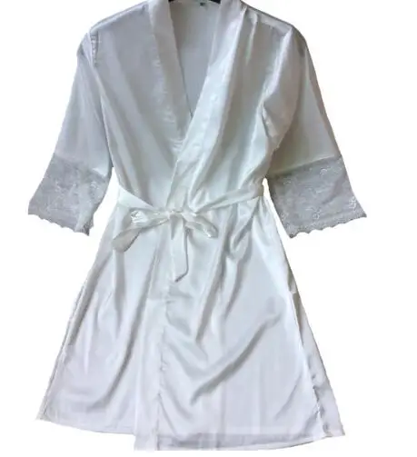 

2018 Mid-sleeve Sexy Women Deep-V Nightwear Robes Smooth Lace Silk Female Mini Above Knee Bathrobes Girl Cool Summer Sleepwear
