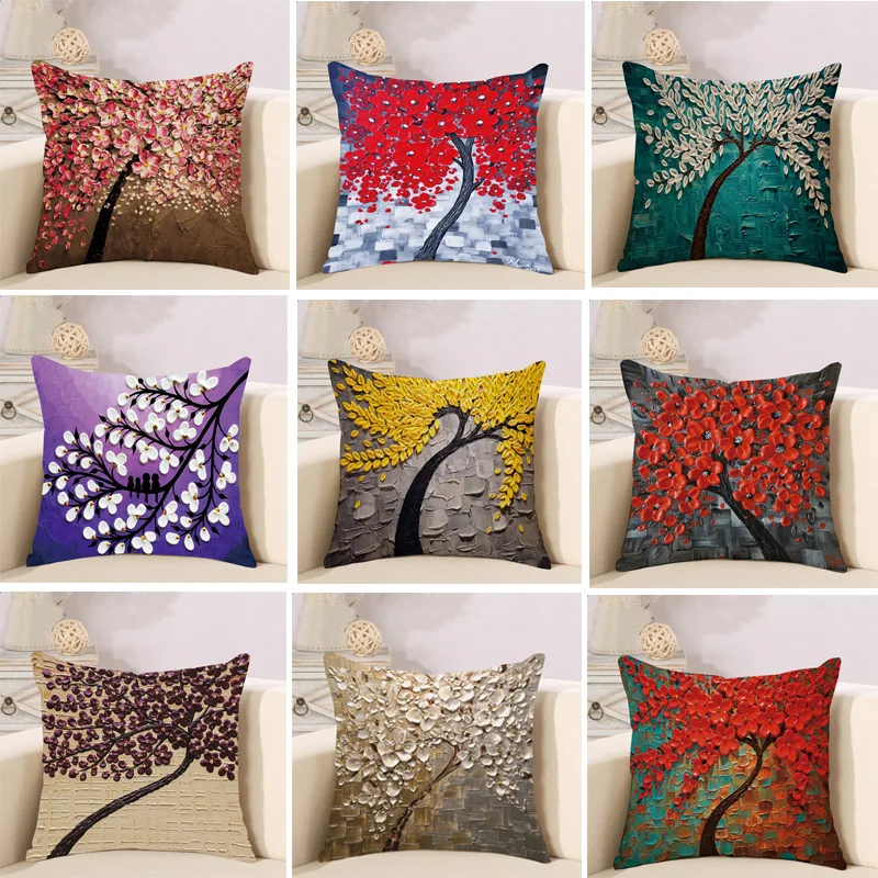 45x45cm Nordic Home Sofa Oil Painting Tree Linen Hug Pillow Cushion Office Chair Waist Pad Car Back Cushion
