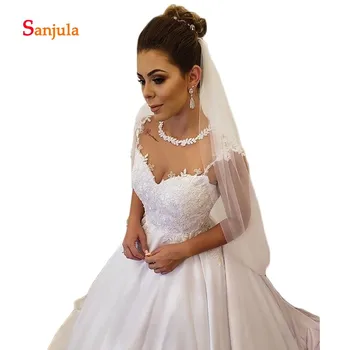 

See Though Back Sexy Country Wedding Dresses 2019 Appliques Illusion O-Neck Bridal Wedding Wear with Beaded vestido novia D502