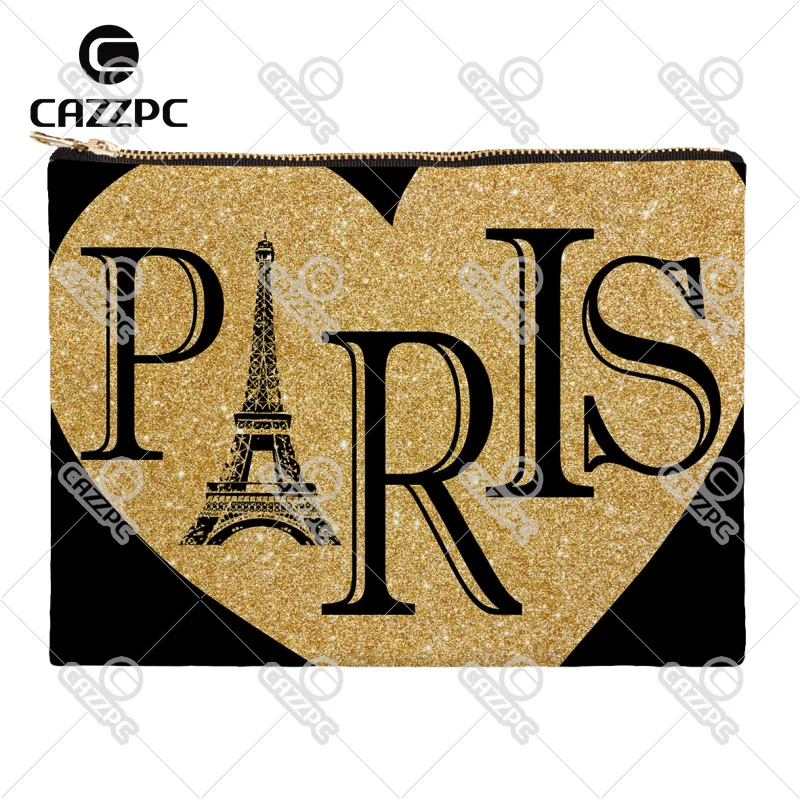 

Vintage Love Paris Eiffel Tower Glitter Canvas Pattern Print Cosmetic Bag Makeup Pouch Wristlet Hand Bag