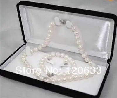 QQ Jewellery Women's Bride Craft 8-9MM White real natural Pearl Necklace Bracelet Earring silver hook..wholesale shipping Free