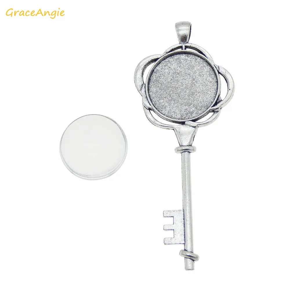 GraceAngie Antique Silver Flower key shape Cabochon Pendant Alloy Charms with Glass Cameo For DIY Necklace Making Findings | Украшения и