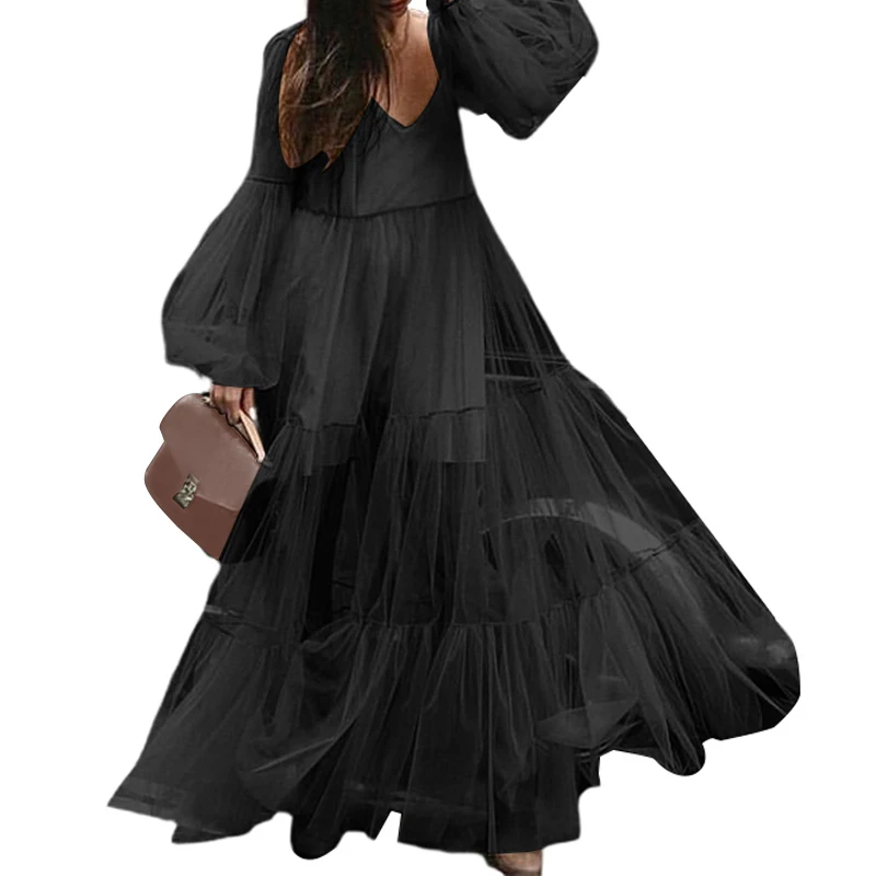 Comprar VONDA de talla grande Vestido de encaje blanco mujeres 2019 otoño Sexy cuello en V de alta cintura linterna de manga larga Vestido de fiesta Vestido largo de verano