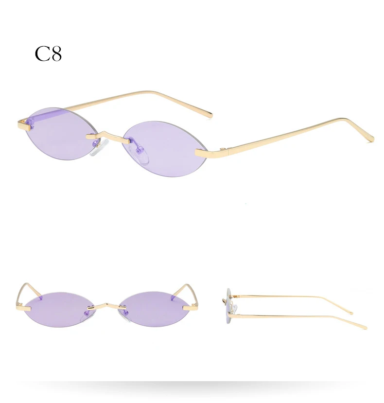 Модные трендовые женские очки без оправы, маленькие овальные солнцезащитные очки, унисекс, металлическая оправа,, винтажные брендовые дизайнерские цветные линзы, солнцезащитные очки