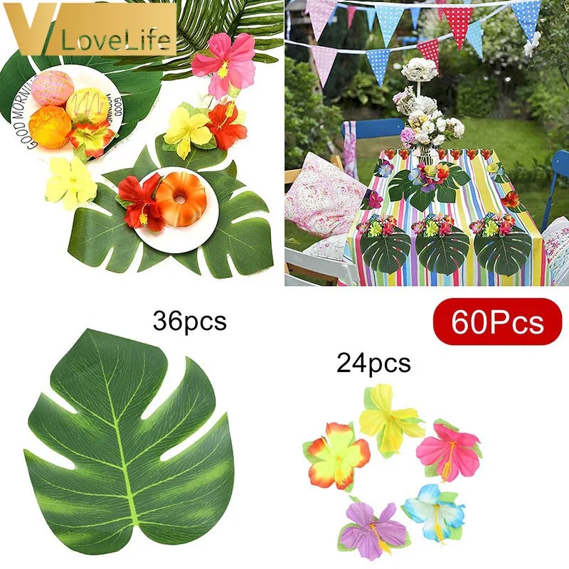 

60Pcs Artificial Hawaiian Turtle Leaves And Hibiscus Flowers For Hawaiian Party,Beach Theme Decorations,Wedding Decor