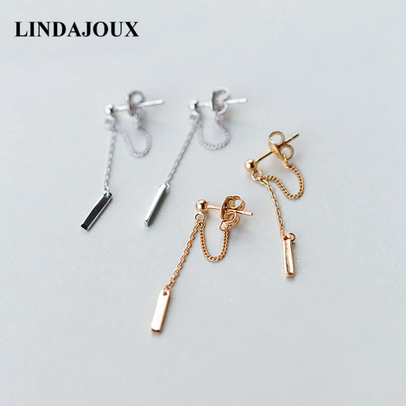 

LINDAJOUX 925 Sterling Silver Rose Gold-Color Stick Tassel Charm Drop Earrings For Women S925 Silver Long Dangling Earring