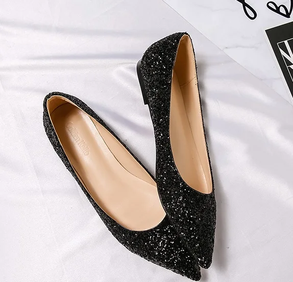 Женские блестящие туфли на плоской резиновой подошве с острым носком, расшитые блестками; цвет черный, белый, серый; свадебные туфли на плоской подошве; большие размеры 15, 45, 34 - Цвет: Black