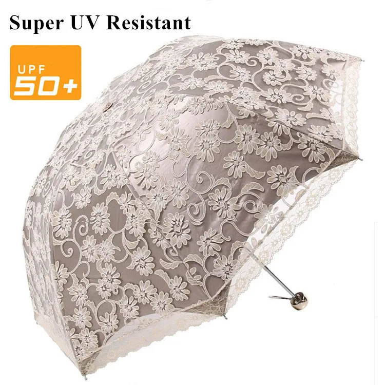 

Fashion Lace Embroidery Umbrella Rain Woman 2018 New Black Rubber Super Anti-UV Three-folding Sunny Female Umbrellas Hot Selling