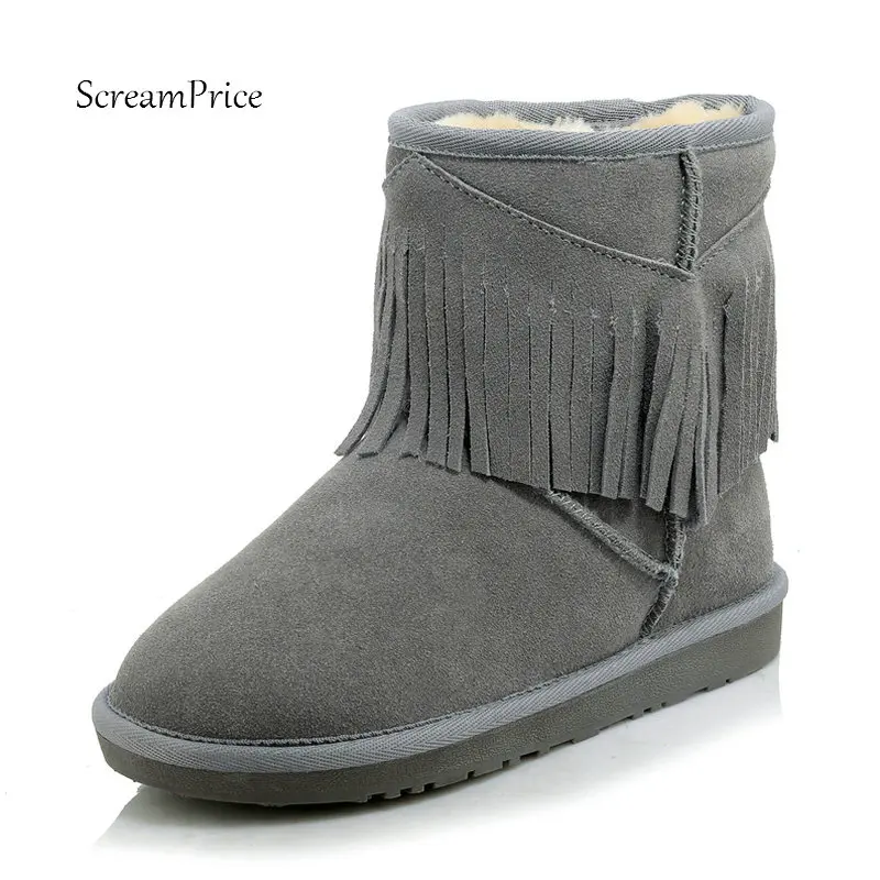 

Female Warm Winter Snow Boots Suede Comfort Flat With Fashion Fringe Round Toe Women Bootie Black Pink Gray Apricot