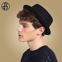FS, мужские шляпы, классическая черная шерстяная фетровая шляпа, лента, черные широкие поля, для церкви, зима, джаз, Fedora, Ретро стиль, мужские шапки, Трилби гангстеры