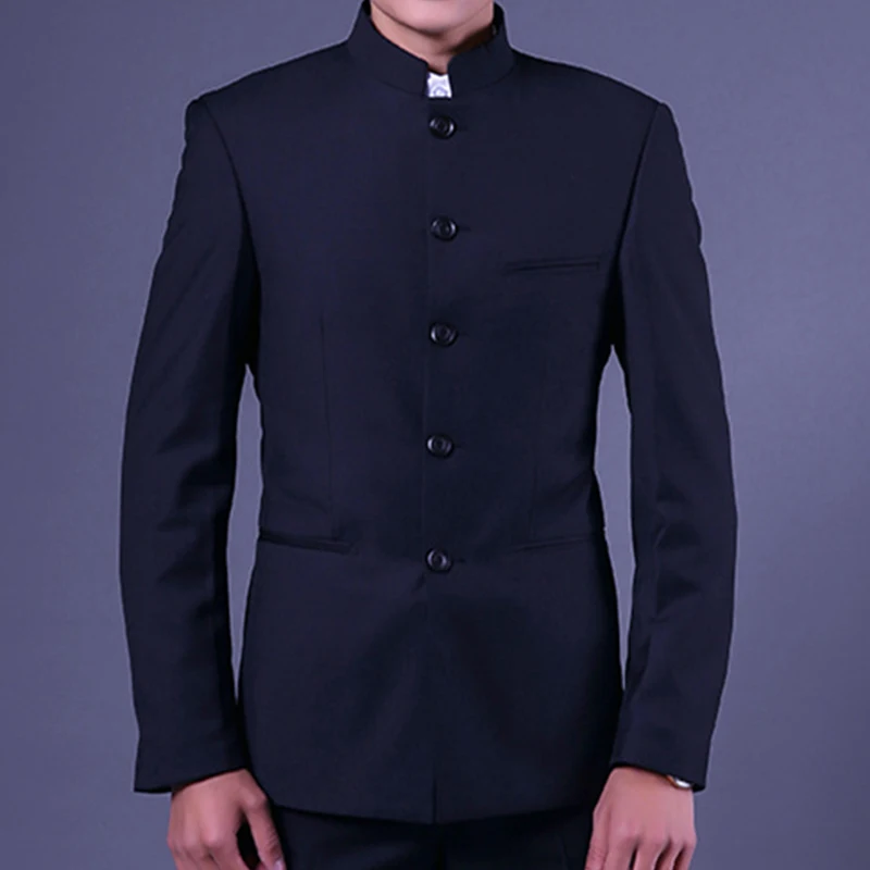 Мужской темно-синий пиджак с воротником «Мандарин», традиционный китайский стиль, однобортный мужской пиджак-туника, Униформа, куртки