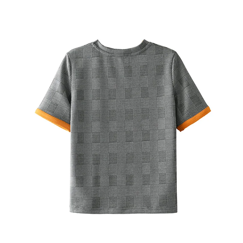 Для женщин Houndstooth Shirt короткий рукав клетчатая рубашка контрастные цвета топ