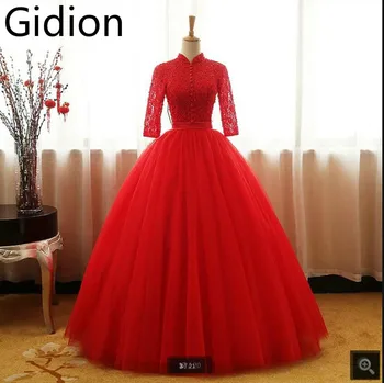 

2017 cheap new arrival red lace ball gown wedding dress princess puffy pleated long wedding dresses free shipping