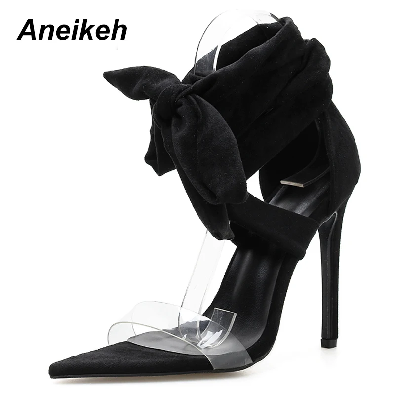 

Aneikeh 2019 Fashion Sandals Women Spring Thin High Heels Transparent Women's Shoes Butterfly-knot Pointed Toe Black Solid 35-40