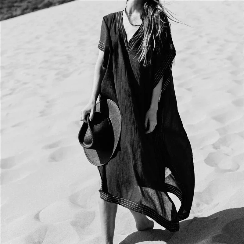 Long Beach Cover up Pareos de Playa Mujer Beach Wear Plus size Bikini Cover up Robe Plage Sarong Black Beach Tunic