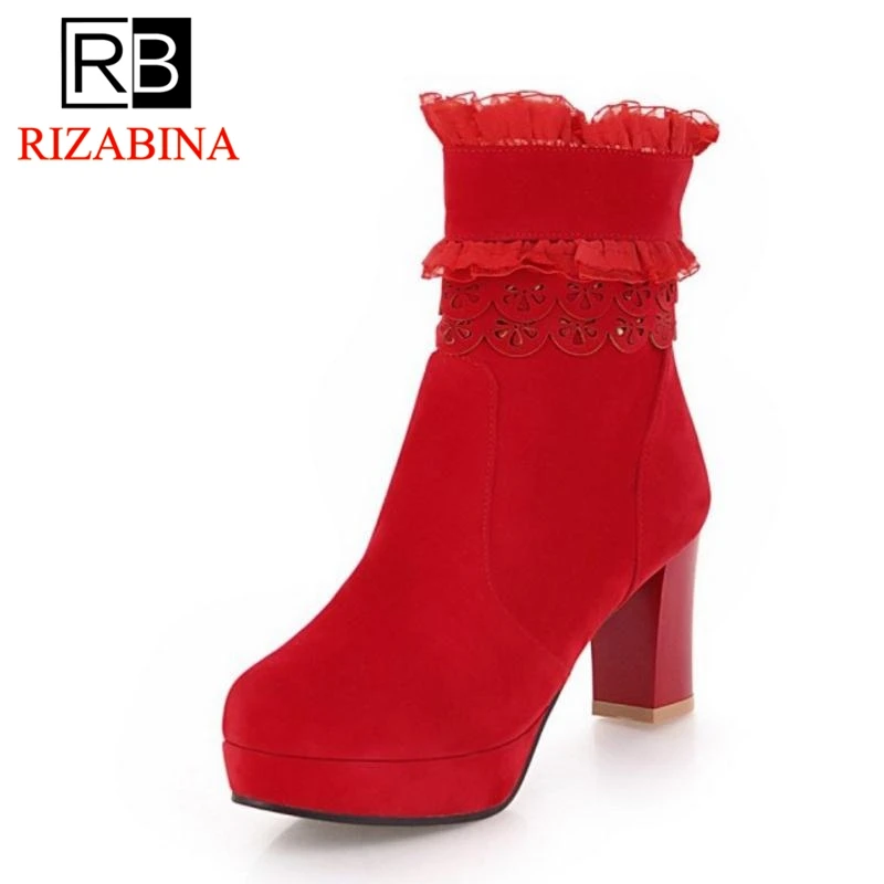 

RizaBina Women Platform Ankle Boots Winter Zipper Warm Fur Shoes Woman Ruffles High Heels Boots Sexy Ladies Shoes Size 33-43