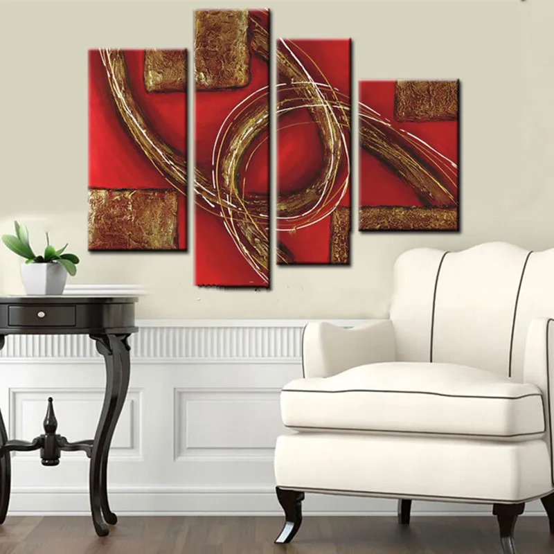 

Hand-painted 4 Piece Lines Patch Wall Pictures Painting Hand Painted Abstract Dark Red Oil Paintings on Canvas Home Decor Art
