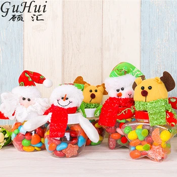 

5pcs Christmas Candy Cans Santa Claus Snowman Deer Small Round Five-Pointed Star Fabric Doll Candy Box New Year Party Supply