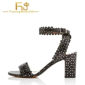 

Women's Black Carve Pattern Open Toe Heels Ankle Strap Ruffles And Revit Thick Heel Sandals Casual Generous Summer Shoes Woman