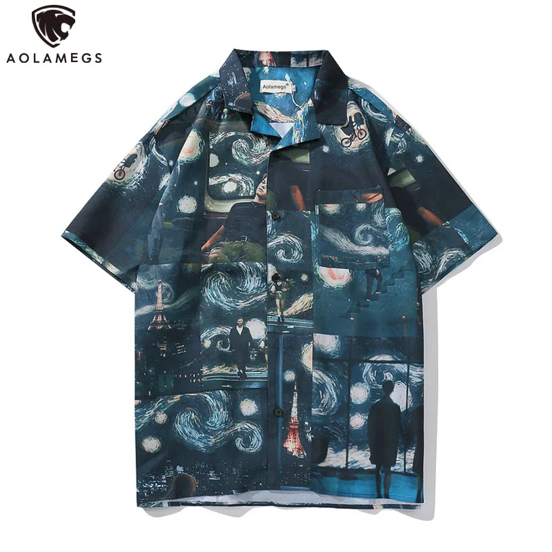 

Aolamegs Shirt Men's Painting Printed Men's Shirt Polyester College Style Short-sleeved Shirt Fashion Casual Summer Streetwear
