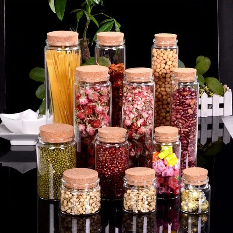 

Wide Mouth Glass Storage Bottles with Corks Food Jars Transparent Clear Empty Health and Eco-Friendly Glass Containers