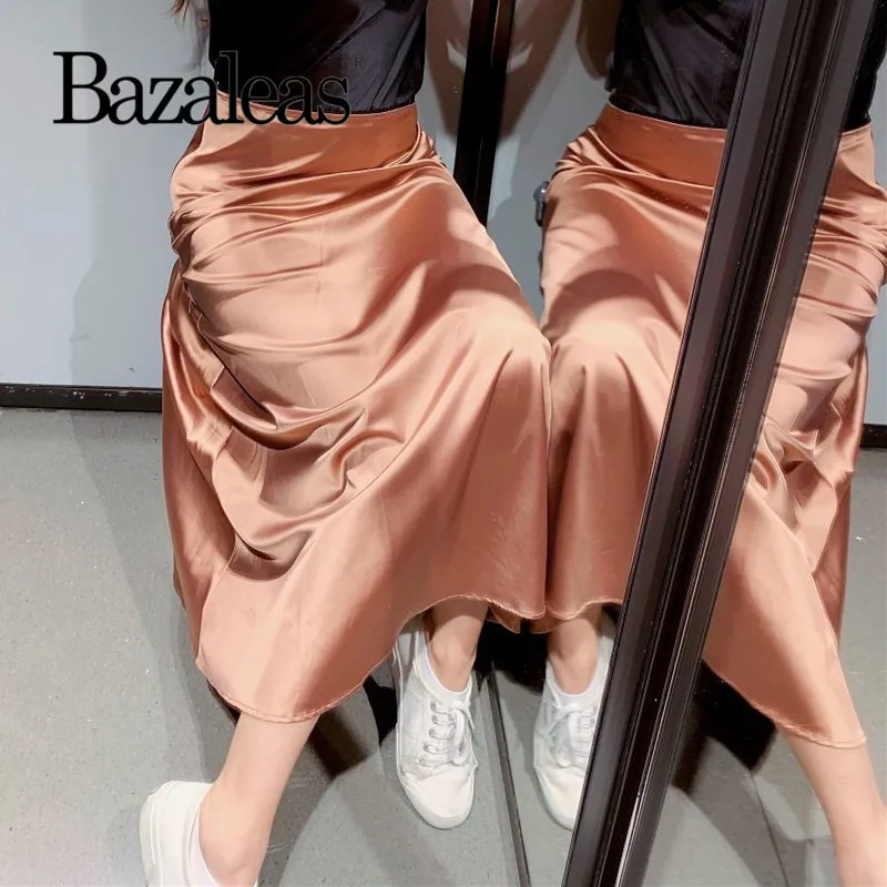 Bazaleas/Модная женская Юбка-миди, тонкая, как шелк, зеленая, Женская юбка, винтажная Женская атласная юбка с боковой молнией, Прямая