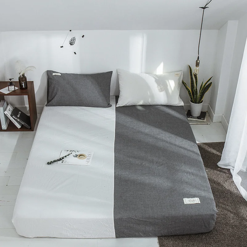 

Solid Color Stitching Bed Sheet With Pillowcase Bedding 3Pcs Fitted Sheet With Elastic Bed Linen 100% Cotton Mattress Covers